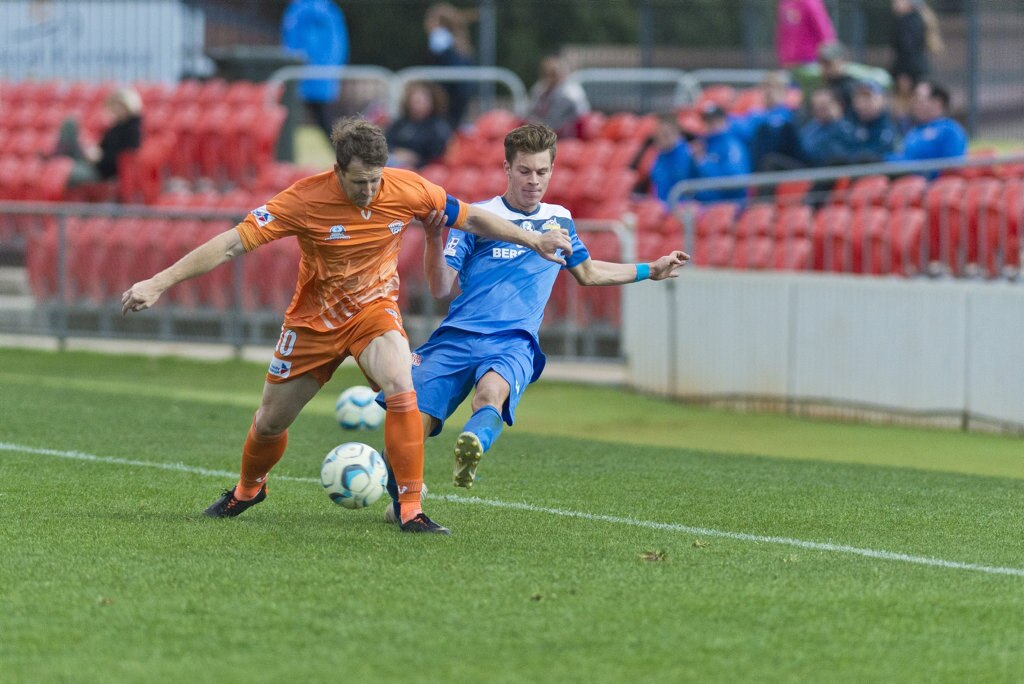 Chris O'Hare (left) for Cairns FC and Wade Hall of South West Queensland Thunder in NPL Queensland men round 26 football at Clive Berghofer Stadium, Saturday, August 25, 2018. Picture: Kevin Farmer