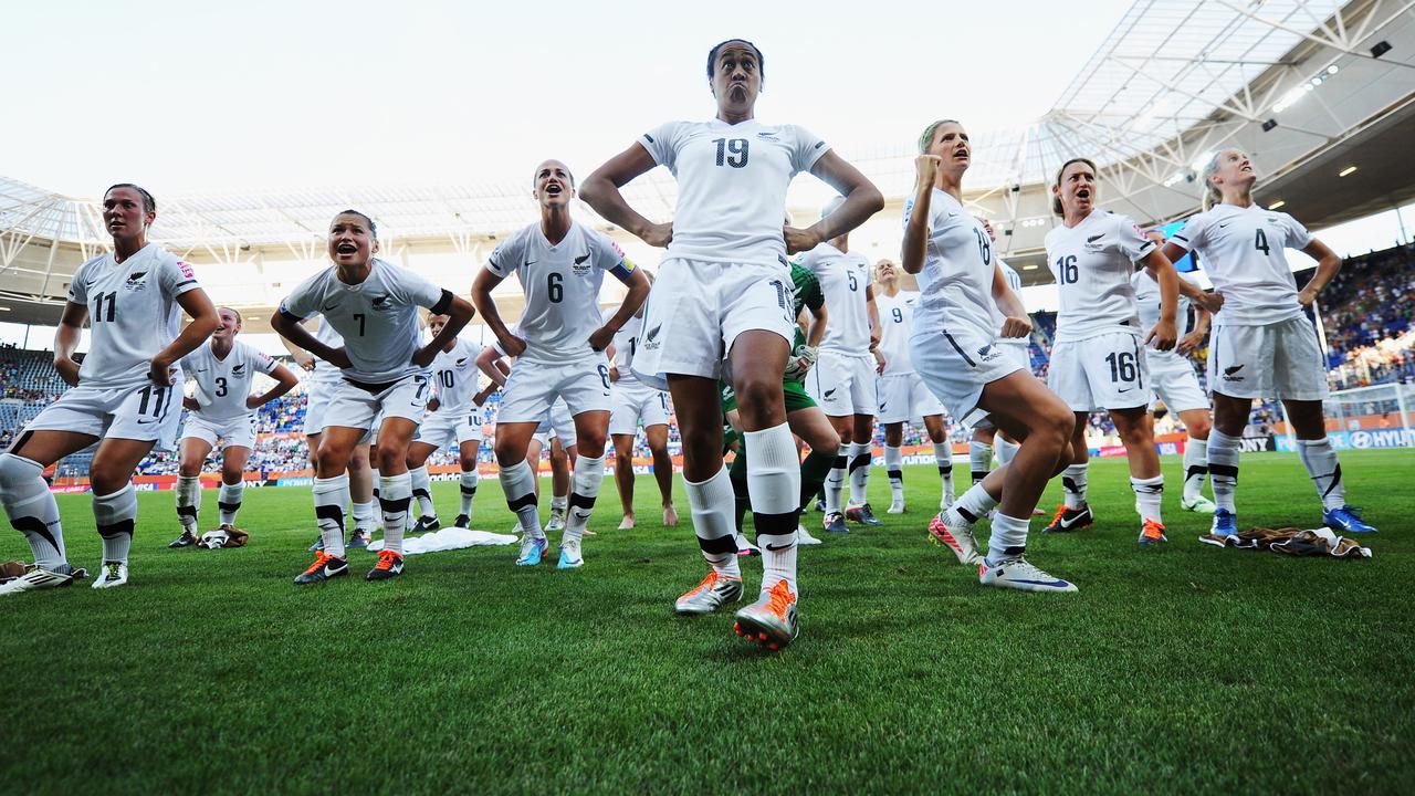 Kristy Hill of New Zealand and her team mates perform the Haka after the FIFA Women's World Cup 2011 Group B match between New Zealand and Mexico at Rhein-Neckar-Arena on July 5, 2011 in Sinsheim, Germany. (Photo by Lars Baron - FIFA/FIFA via Getty Images)