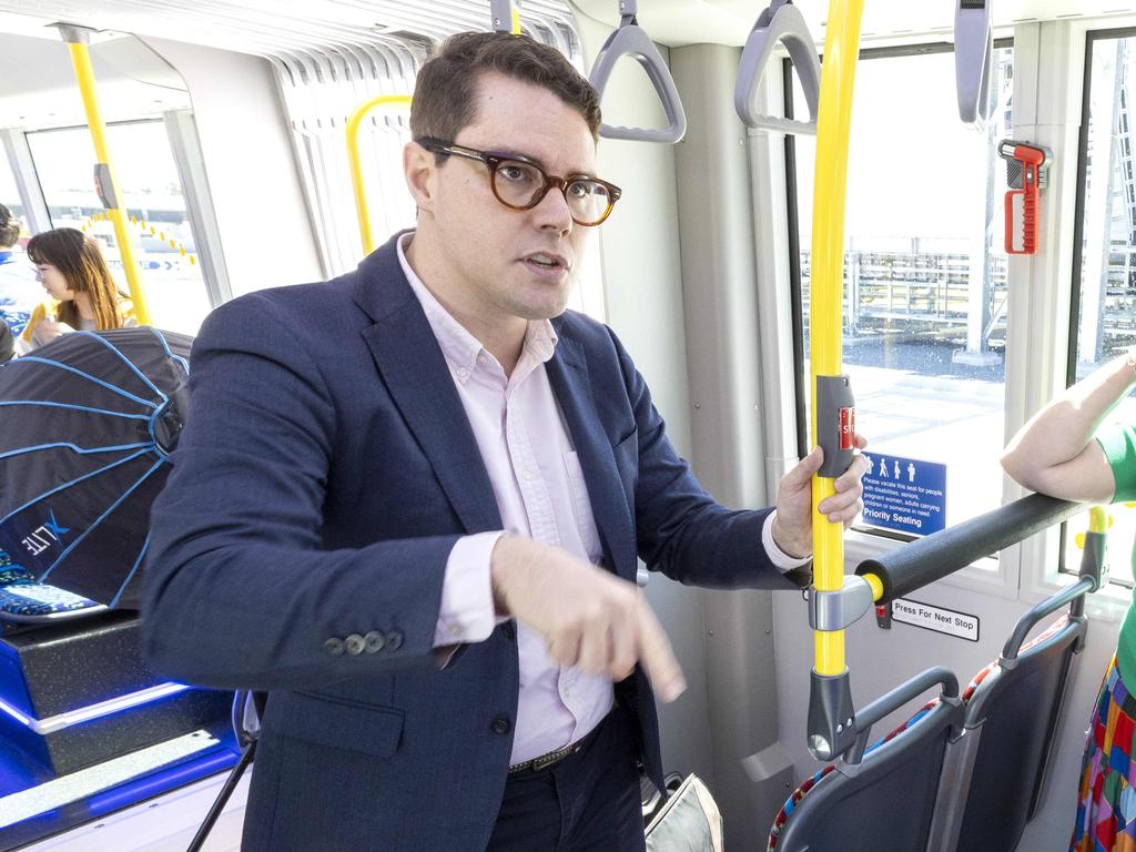 Ryan Murphy on board Brisbane Metro from St Lucia to Eight Mile Plains. Picture: Richard Walker