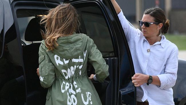 Melania’s coat during a visit to a child migrant centre in 2018 raised eyebrows. Picture: AFP/Getty Images