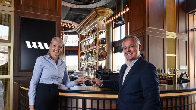 Hotel General Manager at Eos by SkyCity Jodi Brown and SkyCity Adelaide General Manager David Christian in the Westward bar. Photo: Brenton Edwards