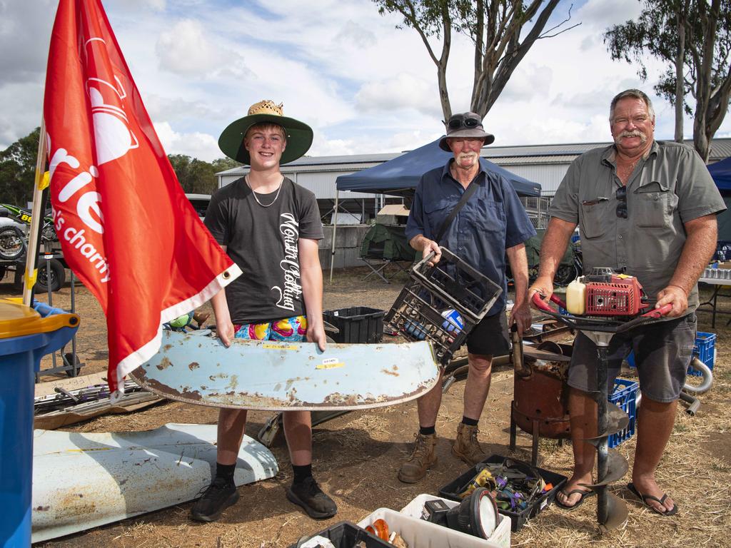 Raising funds for Variety The Children's Charity at their stall are (from left) Jett McKee, Owen McKee and Darryl Brunner at the Toowoomba Swap hosted by Darling Downs Veteran and Vintage Motor Club at Toowoomba Showgrounds, Saturday, February 1, 2025. Picture: Kevin Farmer