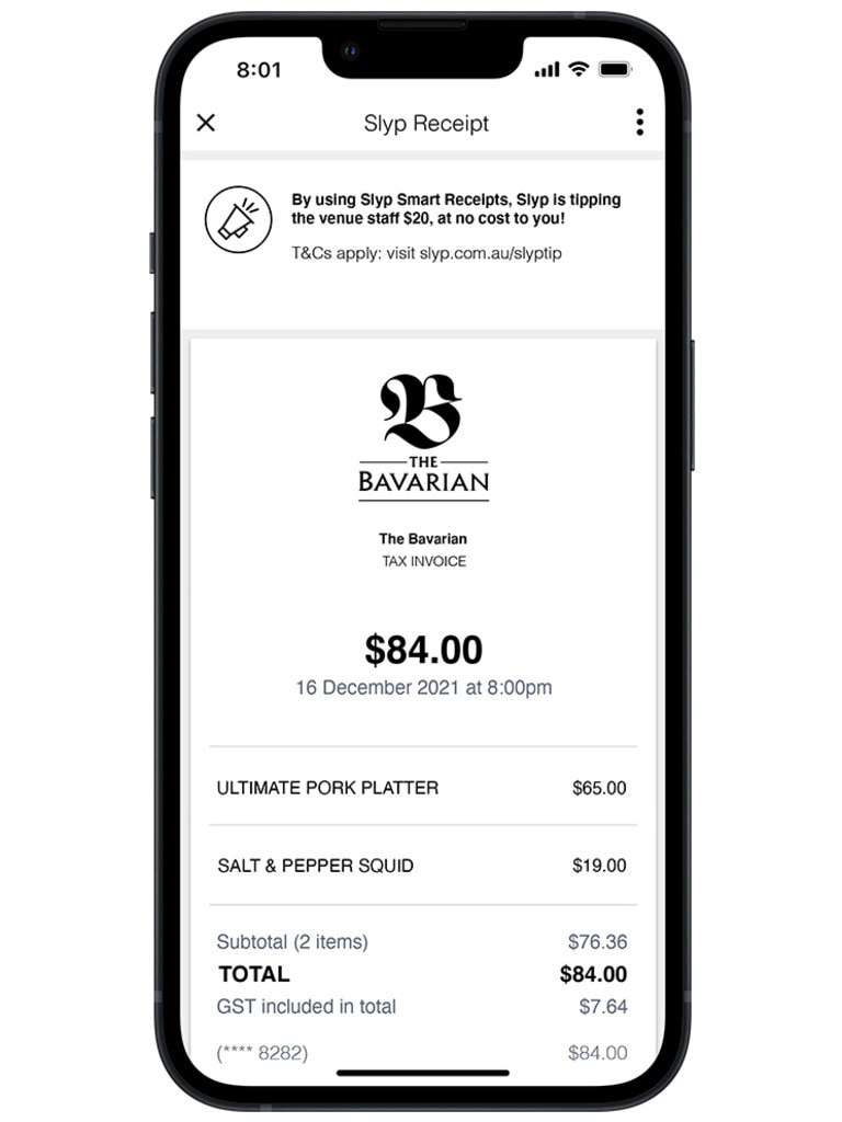 Customers who open their NAB banking app and view their Slyp Smart Receipt will earn hospitality workers a $20 tip. Picture: Supplied