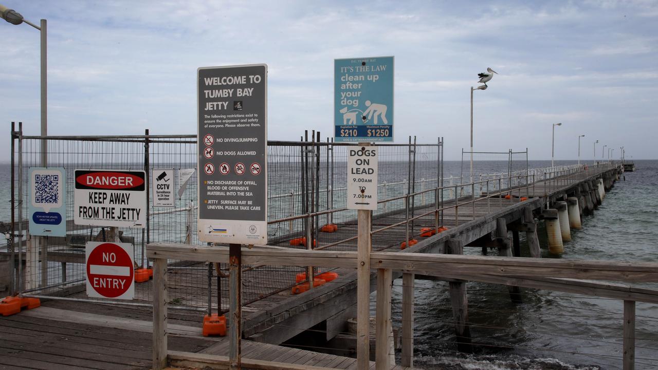 At Tumby Bay jetty, only a pelican can access the structure as it has been closed for two years over safety concerns. Picture Dean Martin