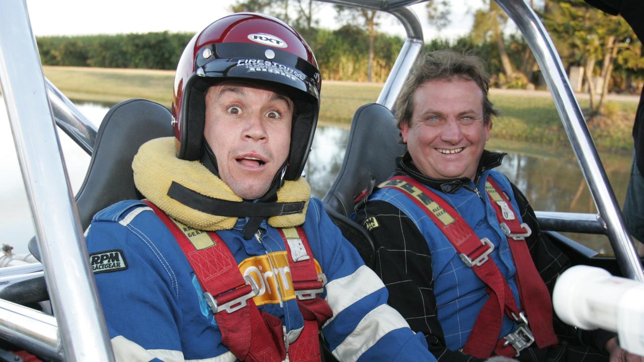 JUNE 09, 2004: Matty Johns and Jeff Hayley during one of the ‘Daredevils Dudes’ segments of the Footy Show. Pic: Donna/Cosford