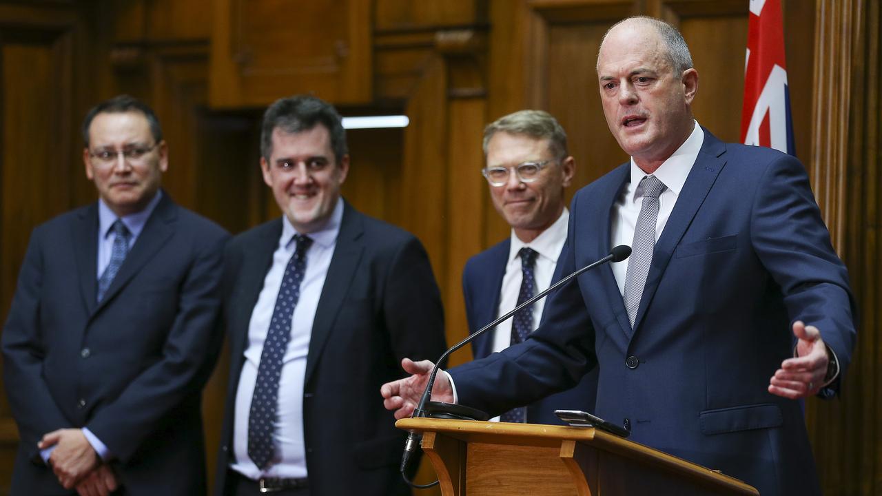 Newly elected National Party Leader Todd Muller speaks to media while Shane Reti (far left) looks on in 2020. Picture: Hagen Hopkins/Getty Images