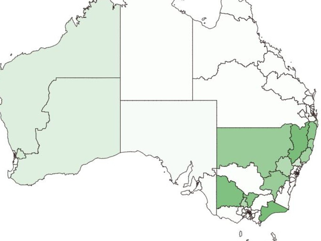 The Nationals’ electorate map. Secured seats pictured in dark green. Picture: The Australian