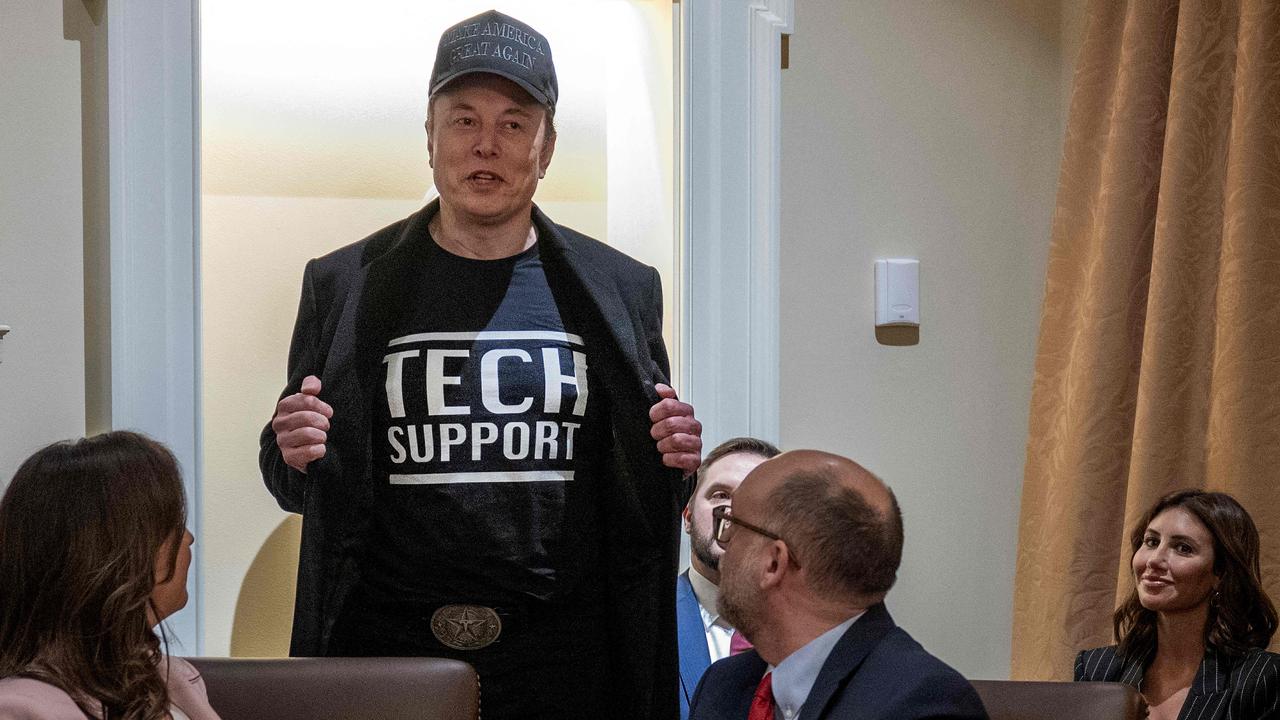 Leader of the Department of Government Efficiency Elon Musk wears a shirt that says "Tech Support" as he speaks during the first cabinet meeting of US President Donald Trump's second term. Picture: AFP