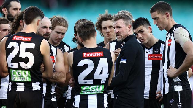 Nathan Buckley talking to his players during the loss to Sydney. Picture: Getty Images