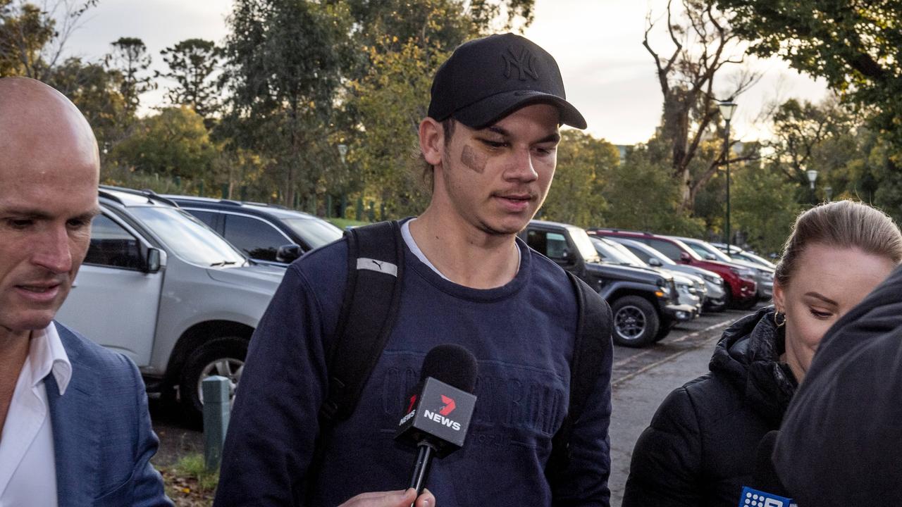 Daniel Rioli faces the media as he arrives at training. Picture: Jake Nowakowski