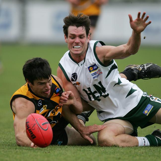 Dustin McCorkell, right, representing the Hampden league against Ovens and Murray in 2012. Picture: Yuri Kouzmin