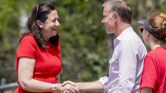 Queensland Election day.  Queensland Premier  Annastacia Pallszczuk  with Labor candidate for Bonney, Rowan Holzberger, at the Arundel State School voting booth.  Picture: Jerad Williams