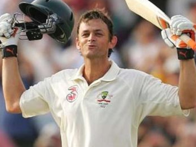 Aussie wicketkeeper Adam Gilchrist celebrates his Edgbaston century.