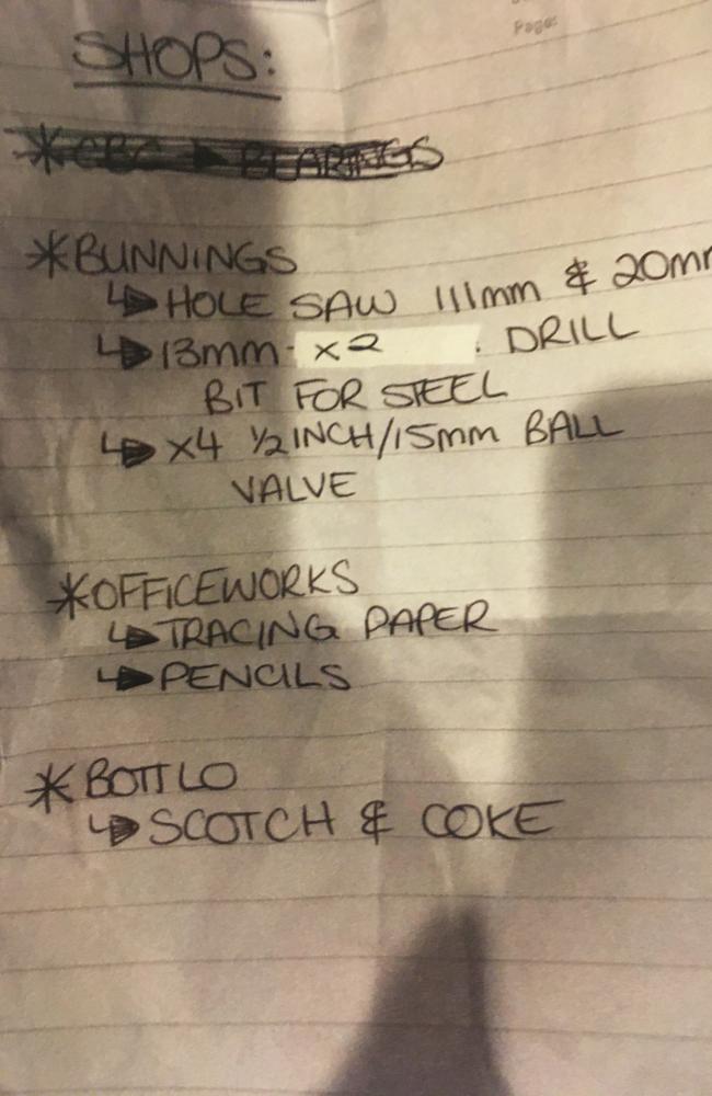 A shopping list found inside the home. Pictures: Court Administration Authority