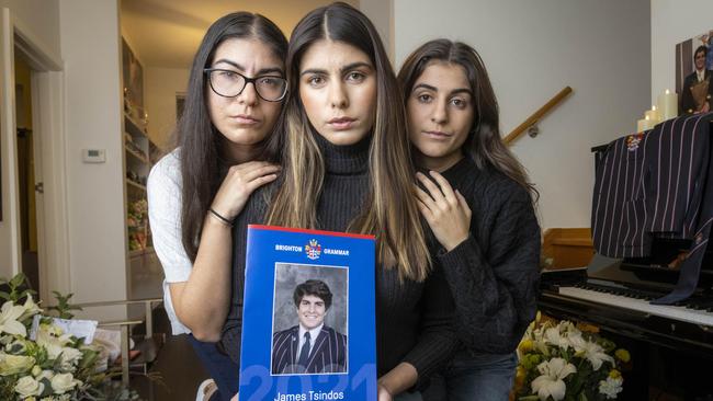 James’ sisters Kristina 27, Elpida 25 and Georgia Tsindos 22 at his beloved piano. Picture: Wayne Taylor