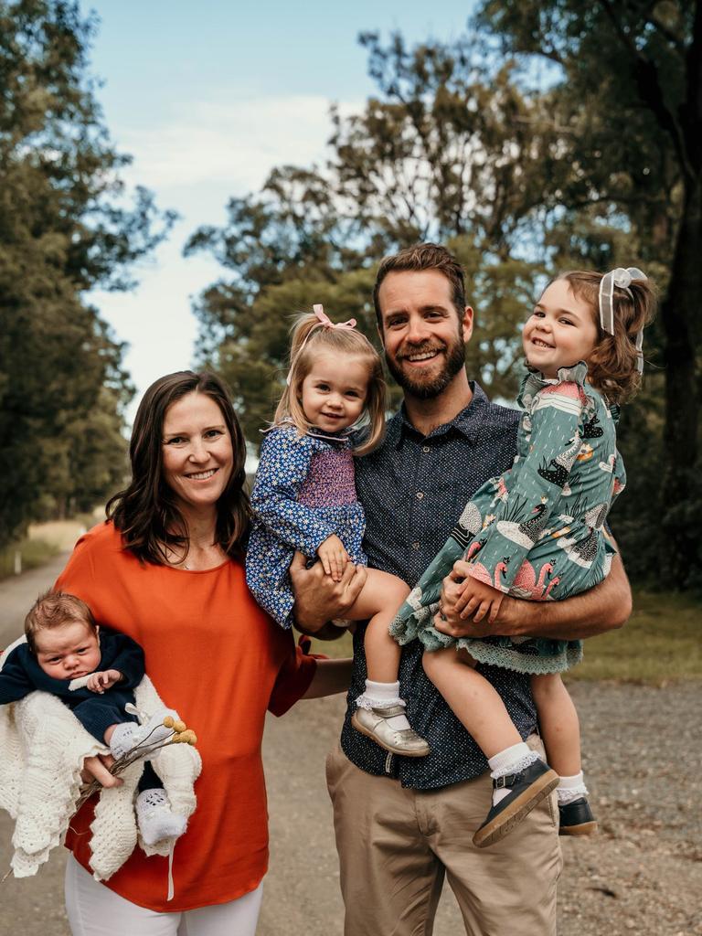 Sam Entwisle, her husband Phill and their three children. Sam was diagnosed with stage four bowel cancer last year, shortly after giving birth to her third child. Picture: Supplied