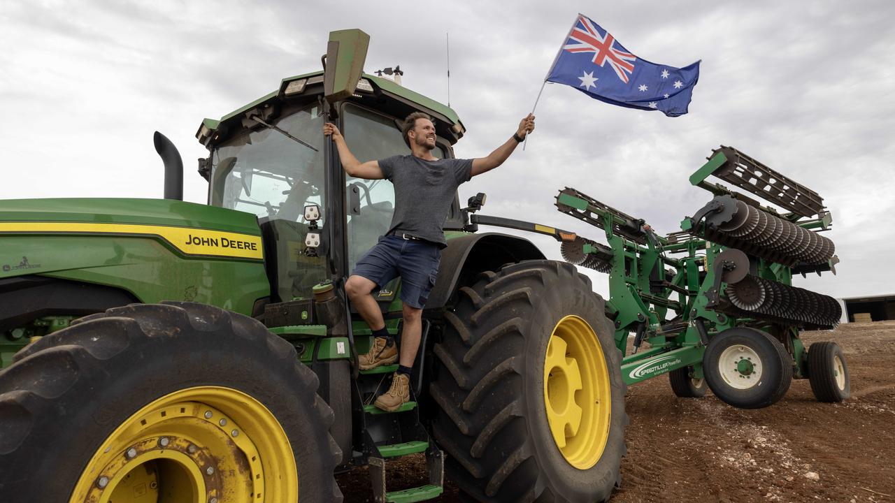 Harrison Schuster has mowed a giant coat of arms into a paddock at Freeling ready for Australia Day Picture: Kelly Barnes