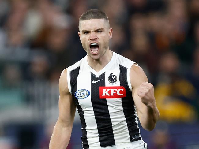 MELBOURNE, AUSTRALIA - MAY 03: Debutant, Lachlan Sullivan of the Magpies celebrates his first league goal during the 2024 AFL Round 08 match between the Carlton Blues and the Collingwood Magpies at The Melbourne Cricket Ground on May 03, 2024 in Melbourne, Australia. (Photo by Michael Willson/AFL Photos via Getty Images)