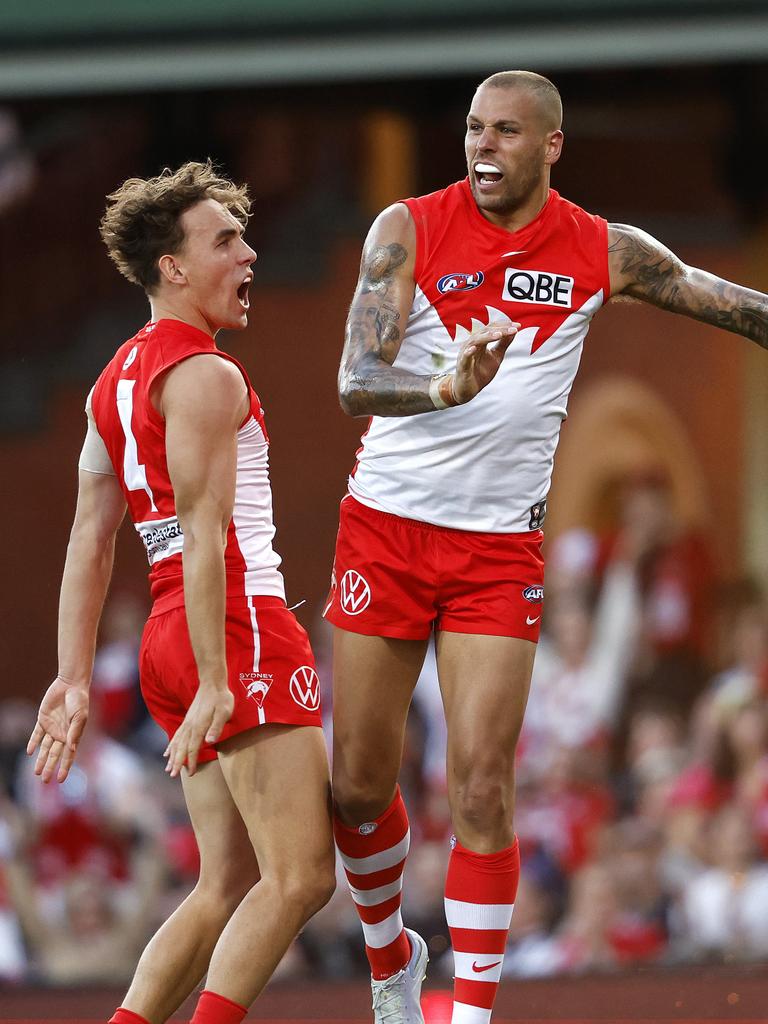 Sydney's Ryan Clarke and Lance Franklin celebrate a goal.