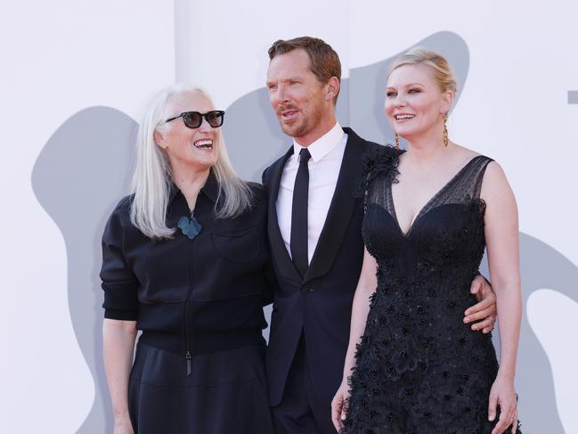 Director Jane Campion in Venice with Benedict Cumberbatch and Kirsten Dunst who star in her film The Power of the Dog. Picture: Getty