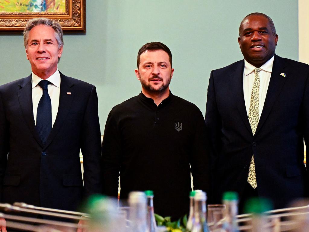 US Secretary of State Antony Blinken (L), Ukraine's President Volodymyr Zelensky and Britain's Foreign Secretary David Lammy attend a meeting in Kyiv, on September 11, 2024, amid the Russian invasion on Ukraine. US Secretary of State Antony Blinken on September 11, 2024, announced $717 million in new economic and humanitarian assistance for Ukraine, including new support for the country's energy as Russia hits infrastructure. (Photo by Leon Neal / POOL / AFP)