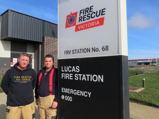 United Firefighter Union delegates Cory Woodyatt and Brenton Smith at Lucas Fire Station announcing the UFU's campaign for more regional rescue resources.