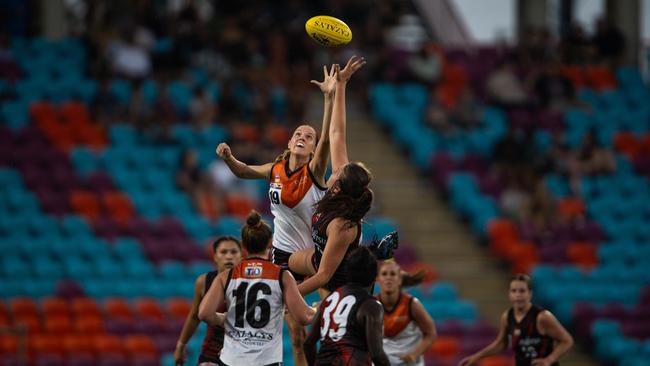 Cassie McWilliam leaps the highest as the NTFL Buffaloes' women side beat the Essendon Bombers. Picture: Pema Tamang Pakhrin