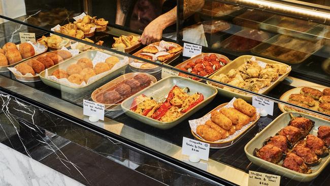 Display of antipasto and other hot food at Valentino's 101, Adelaide