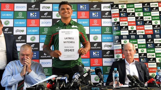 New Souths signing Latrell Mitchell stands between Rabbitohs general manager of football Shane Richardson (left) and coach Wayne Bennett at Redfern Oval. Picture: Simon Bullard