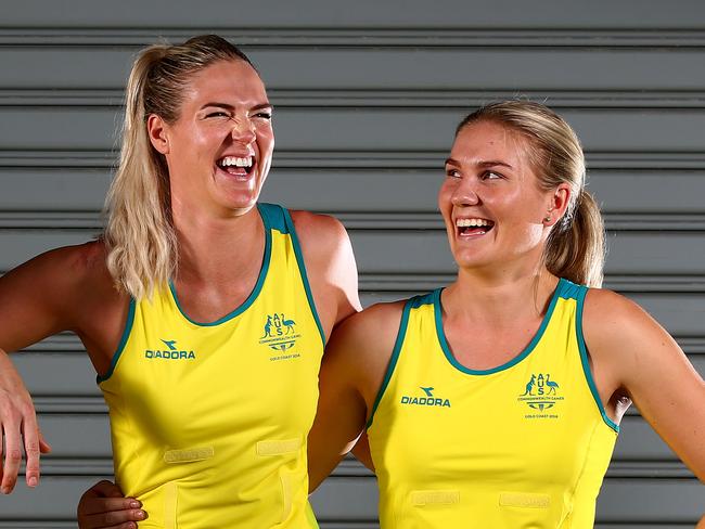 Netball Diamonds Liz Watson, Caitlin Bassett, and Courtney Bruce get their playing gear ahead of the games. Pics Adam Head