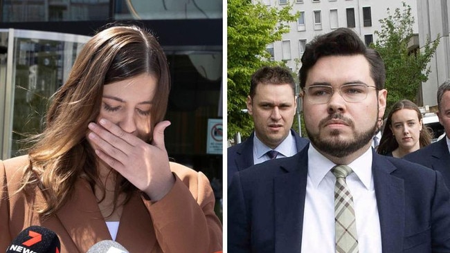 Brittany Higgins and Bruce Lehrmann outside a Canberra court during the rape trial.