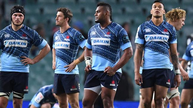 A dejected Waratahs after their loss to the Jaguares during the round 16 Super Rugby match between the NSW Waratahs and Argentina's Jaguares at Allianz Stadium in Sydney, Saturday, July 8, 2017.  (AAP Image/Dean Lewins) NO ARCHIVING