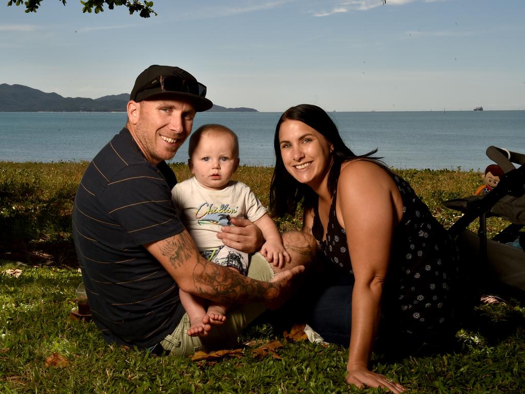 Townsville residents relaxing on the Strand after the relaxation of COVID-19 restrictions. Ray and Nicole Flemett with Blake, 9 months. Picture: Evan Morgan