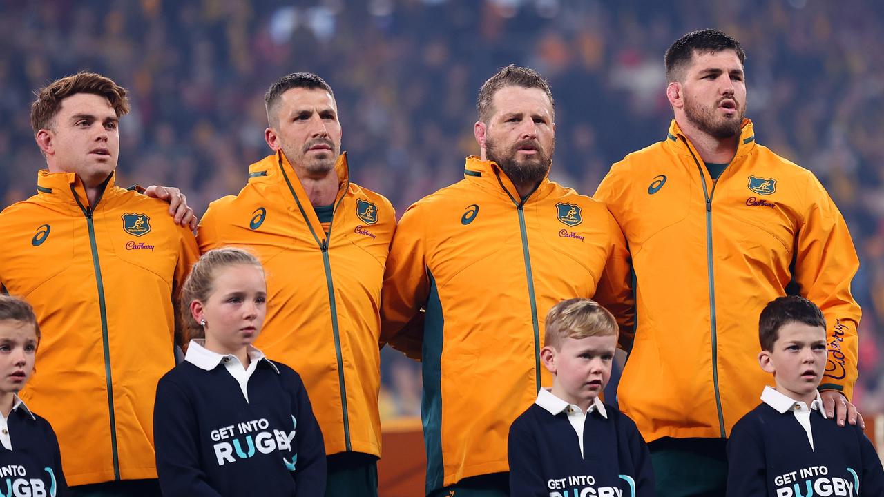 SYDNEY, AUSTRALIA - JULY 06: (L-R) Andrew Kellaway, Jake Gordon, James Slipper and Liam Wright of the Wallabies sing the national anthem during the men's International Test match between Australia Wallabies and Wales at Allianz Stadium on July 06, 2024 in Sydney, Australia. (Photo by Cameron Spencer/Getty Images)