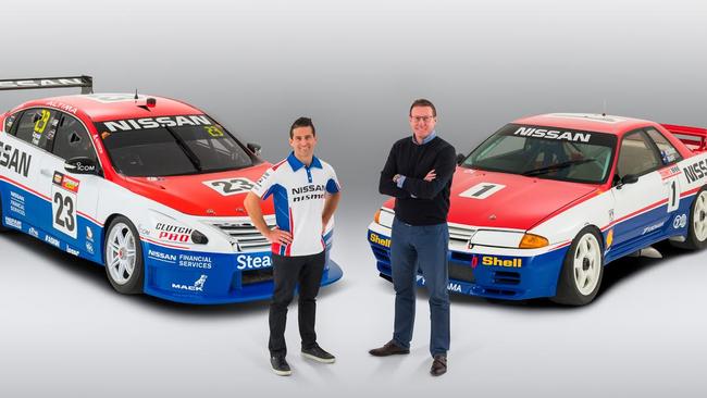 Michael Caruso (left) with his Bathurst Nissan Altima and Mark Skaife with the GT-R he won with in 1991.