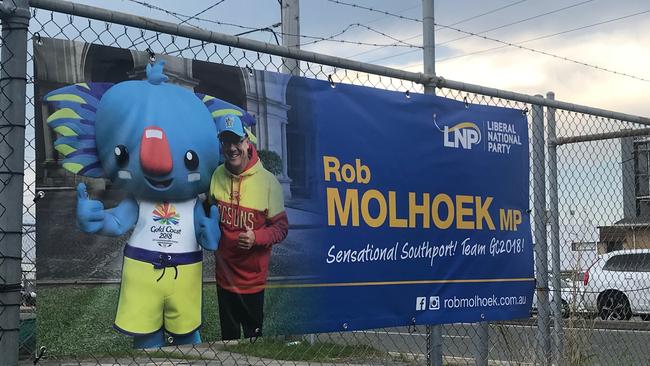 Southport MP Rob Molhoek has been ordered to take down this sign because it contains the image of Borobi. Photo: Lea Emery