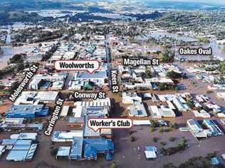 UNDER WATER: Lismore streets and shops engulfed by the raging Wilsons River at the height of the flood. Picture: contrib