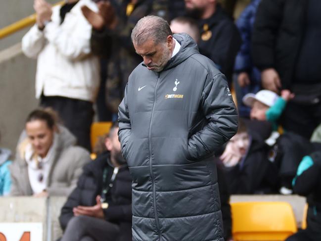 WOLVERHAMPTON, ENGLAND - APRIL 13: Ange Postecoglou, Manager of Tottenham Hotspur, reacts during the Premier League match between Wolverhampton Wanderers FC and Tottenham Hotspur FC at Molineux on April 13, 2025 in Wolverhampton, England. (Photo by Dan Istitene/Getty Images)