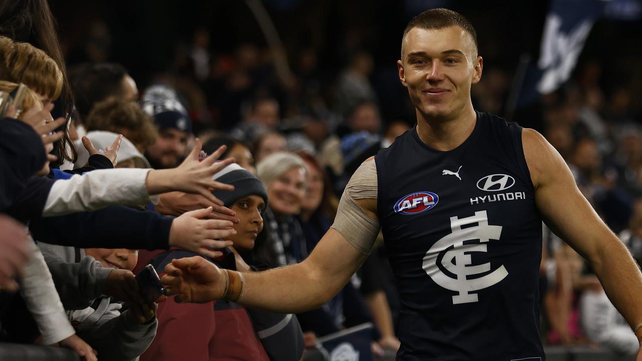 Patrick Cripps celebrates with fans after the Blues locked in their best start to a season in 26 years.