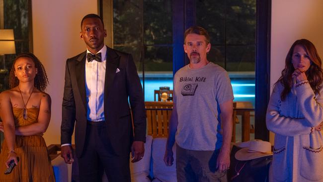 Myha’la as Ruth, Mahershala Ali as G.H., Ethan Hawke as Clay and Julia Roberts as Amanda in the new thriller Leave the World Behind. Picture: JoJo Whilden/NETFLIX