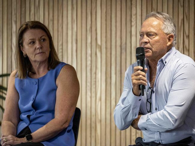 Joanne Venables and Bryan Cousins speaking at an event for Fifthqtr Foundation. Picture: Jake Nowakowski