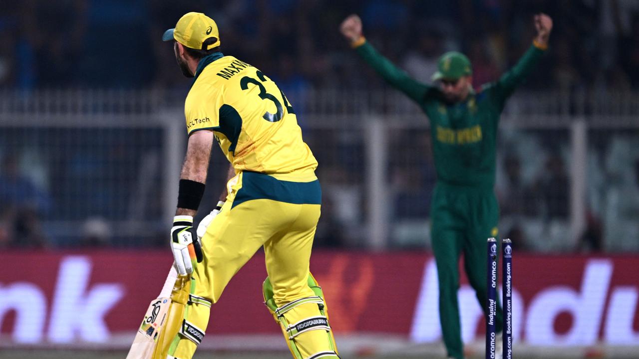 Glenn Maxwell is clean bowled by Tabraiz Shamsi. (Photo by Arun SANKAR / AFP)