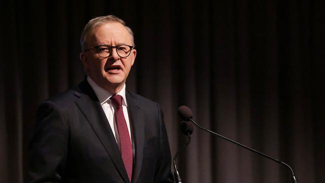 State Labor Conference held at Moonee Valley Racecourse. Prime Minister Anthony Albanese addresses the conference. Picture: Ian Currie