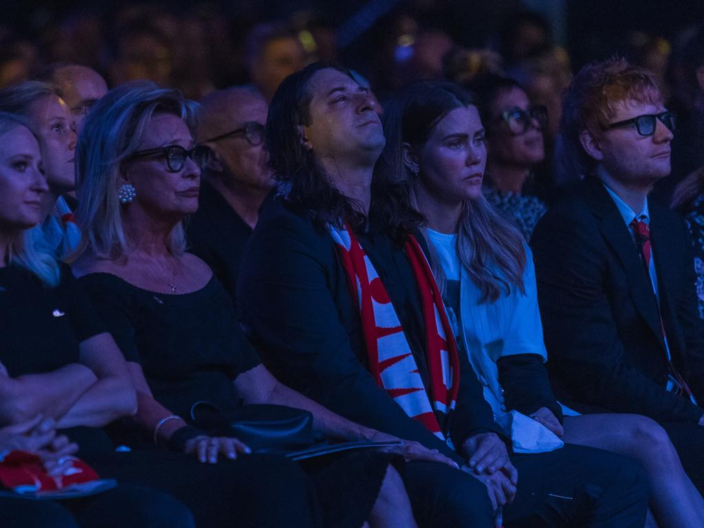 Sue Gudinski with son Matthew and daughter Kate alongside Ed Sheeran. Picture: Mushroom Group