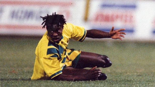 Francis Awaritefe playing for the Socceroos in a trial against West Adelaide at Hindmarsh Stadium in 1993.