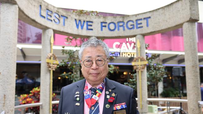 Dennis Cho at the Surfers Paradise RSL Anzac Day noon service 2025 at Cavill Park for Gold Coast at Large. Picture, Portia Large.