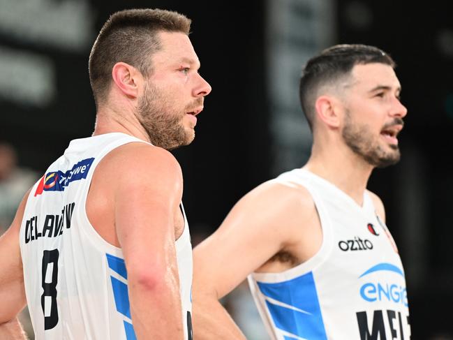 HOBART, AUSTRALIA - SEPTEMBER 28: Matthew Dellavedova  and Chris Goulding of United look dejected after the game during the round two NBL match between Tasmania Jackjumpers and Melbourne United at MyState Bank Arena, on September 28, 2024, in Hobart, Australia. (Photo by Steve Bell/Getty Images)