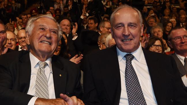 Former prime ministers Bob Hawke and Paul Keating at the 2016 Labor campaign launch. Picture: Getty Images