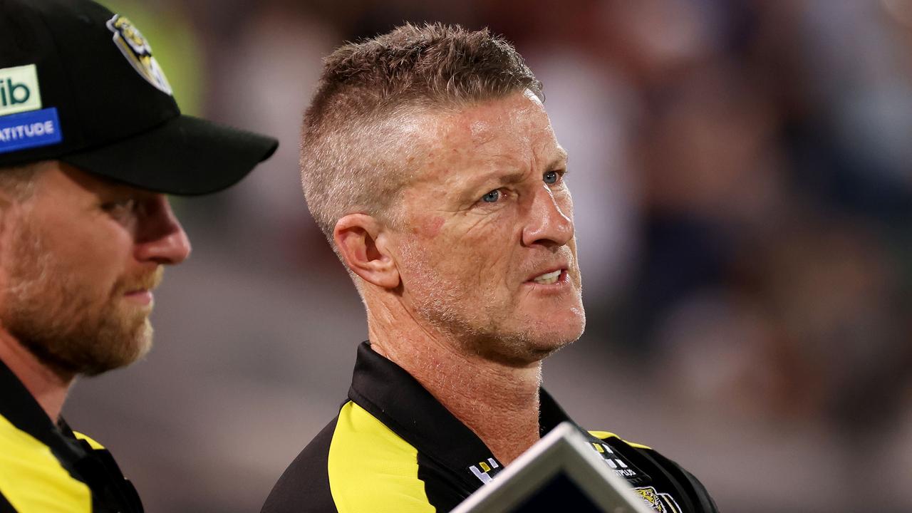 ADELAIDE, AUSTRALIA - APRIL 16: Damien Hardwick, Senior Coach of the Tigers during the 2022 AFL Round 05 match between the Adelaide Crows and the Richmond Tigers at Adelaide Oval on April 16, 2022 In Adelaide, Australia. (Photo by James Elsby/AFL Photos via Getty Images)