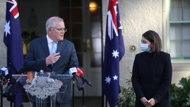 Prime Minister Scott Morrison and NSW Premier Gladys Berejiklian announce a business support package during a joint media conference at Kirribilli House in Sydney. Picture: NCA NewsWire / Christian Gilles